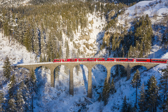 Bernina Express train on Landwasser Viaduct, Filisur, Switzerland