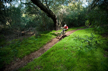 A young man rides his downhill mountain bike on a path surrounded by extremely lush green clovers.