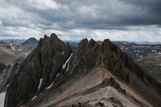 View of Lavender Col from southeast couloir on Mt. Sneffels (14150 ft), San Juan mountains, Colorado, USA