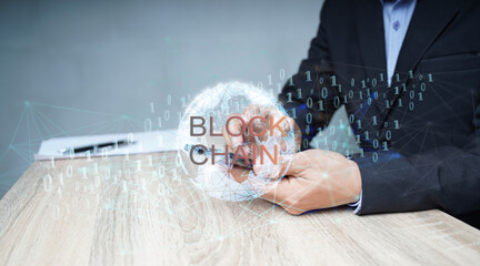 Blockchain technology and blockchain network business banner ideas Global cryptocurrency blockchain title. Blockchain title side view with 0's and 1's flying on top. image of investors