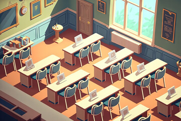 Empty classroom at University. Lecture room. Chairs and tables in class for studying lessons. Classroom furniture. Generative AI