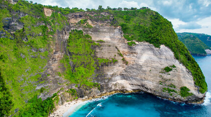 Drone Aerial Famous Kelingking Beach in Nusa Penida, Indonesia, Level With Cliff