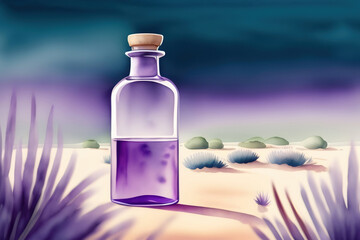 Obraz premium Generative AI: Dry lavender flowers, bottle of essential oil or flavored water
