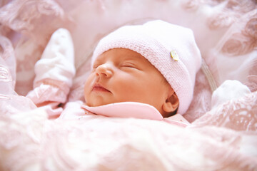 Close up portrait of adorable sleeping newborn baby girl - obrazy, fototapety, plakaty