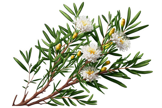 Tea tree (Melaleuca) twig with blossoms. On a white background, alone. Generative AI