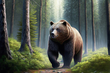A big brown grizzly bear walks through the forest looking for prey to catch. Illustration by AI generative