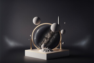 duotone space objects on product pedestal podium, generative ai