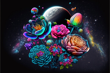 neon flowers with space background, generative ai