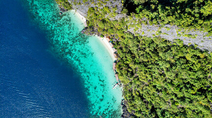 Fototapeta na wymiar Drone Aerial of Pretty Girl Floating in Crystal Clear Blue Water at Beach In Tropical Paradise, Palawan, Philippines 5