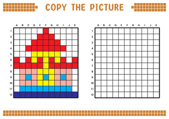 Copy the picture, complete the grid image. Educational worksheets drawing with squares, coloring cell areas. Children's preschool activities. Cartoon vector, pixel art. Castle illustration.