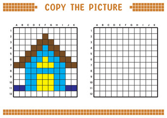 Fototapeta premium Copy the picture, complete the grid image. Educational worksheets drawing with squares, coloring cell areas. Children's preschool activities. Cartoon vector, pixel art. House building illustration.
