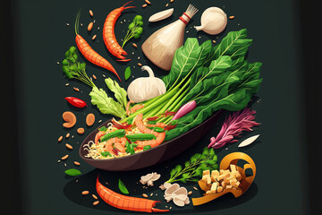 Flying wok ingredients shrimp, vegetables, pak choi leaves, onions and peanuts. Asian food delivery. Chinese recipes. Wok preparation ingredients. Vertical image. Generative AI