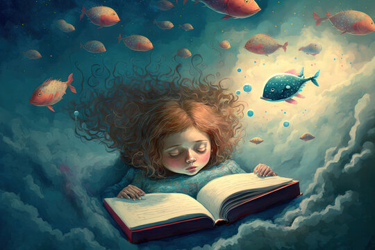 Education dream hope inspiration and independence idea book with a female, weird painting. Illustration, conceptual art, fantasy art, and the delight of a child. Generative AI