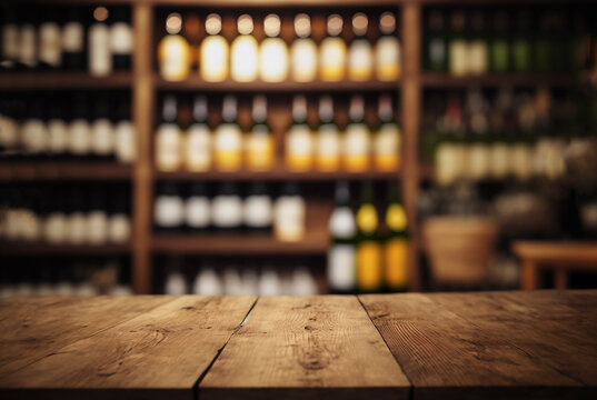 Wine wooden table background. Blurred wine shop with bottles. Created with generative Ai technology.