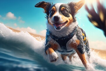dog Wears swimwear, Surfing in the water, Cinematic landscape. Generative ai

