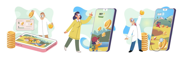 Play to earn games created on basis of blockchain project with elements of NFT, main purpose of earning. Player earn money by playing. Virtual character development business. Cryptocurrency game.