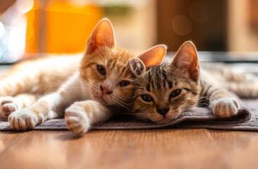two playful and affectionate cats with this stunning photo. The two adorable felines are captured in a moment of rest and relaxation, looking cozy and content as they play and groom each other.  - obrazy, fototapety, plakaty