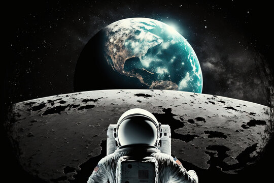 A picture of an astronaut on the moon with Earth in the background. This image's components were given by NASA. Generative AI