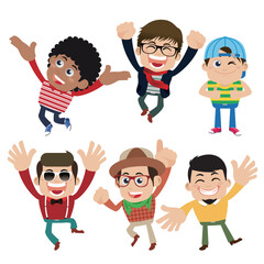 Set of young man characters in hipster fashion clothes