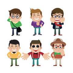 Set of young man characters in hipster fashion clothes