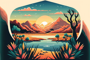 The front vista, with its long mountains and lagoon or reservoir against a clear sky, lush surroundings, and sunset Landscape template in nature. Generative AI