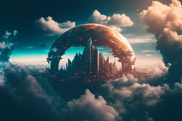 Fototapeta ville futuriste en forme de boule qui flotte dans les nuages, coucher de soleil, lever de soleil, Generative AI obraz