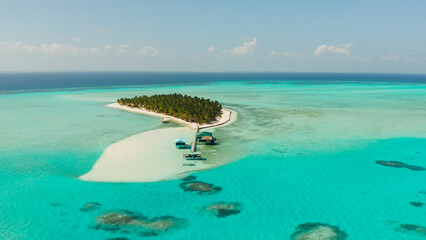 Sand beach and tropical islands by atoll with coral reef, top view. Onok Island, Balabac, Philippines. Summer and travel vacation concept