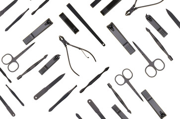  manicure set. Manicure accessories black color set isolated on white background.Manicure and pedicure equipment.Spa and beauty concept