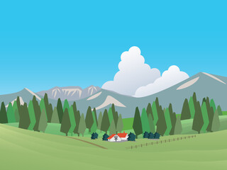 夏の草原と牧場風景