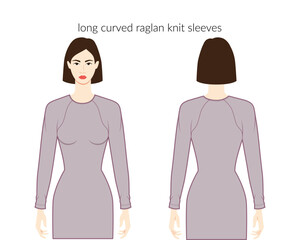 Curved raglan knit sleeves long length clothes lady in dresses, tops, shirts technical fashion illustration with fitted body. Flat apparel template front, back sides. Women, men unisex CAD mockup