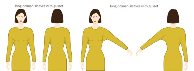 Dolman with gusset sleeves Magyar long length clothes - dresses, tops, shirts technical fashion illustration with fitted body. Flat apparel template front, back sides. Women, men unisex CAD mockup