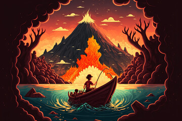 Illustration painting depicting a boy paddling a boat in a realm of volcanoes in a fantasy world. Generative AI