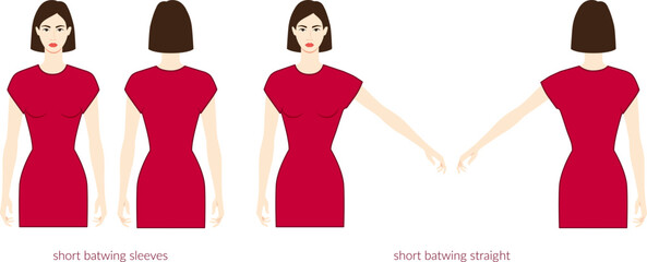Batwing sleeves short length clothes character beautiful lady in burgundy top, shirt, dress technical fashion illustration, fitted. Flat apparel template front, back. Women, men unisex CAD mockup