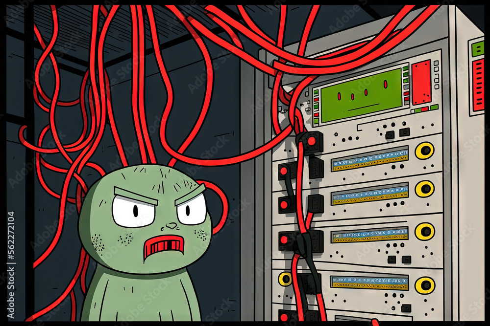Poster in the server room, a server rack with red internet patch cord cables is linked to a patch panel. ge