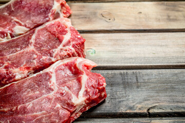 Raw beef steaks .