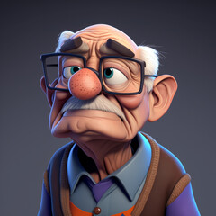 3D Cartoon old man with glasses avatar, Generative Ai