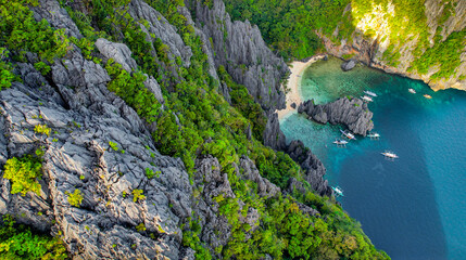 Aerial of Colorful Landscape at The Secret Lagoon In El Nido, Palawan, Philippines