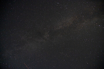 Satellite trail passing through the milky way, night-sky