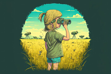 Picture of a cute little girl in a wide open field using binoculars to scan the horizon. Generative AI