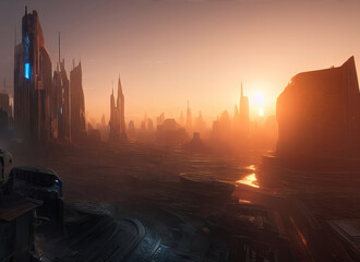Sci-Fi Cyberpunk City Bright Sun at Dawn Background Generative AI illustration