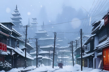 Snow Covered Asian Town Generative AI illustration