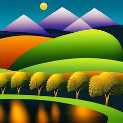 Orange and green tinge of the mountain landscape, nature ai realistic - 562274539