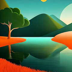 Orange and green tinge of the mountain landscape, nature ai realistic - 562274540