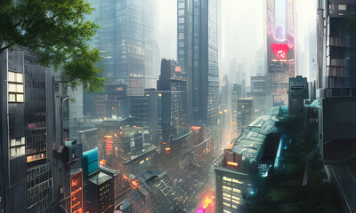 Fototapeta na wymiar Cyberpunk City with Tall Skyscrapers, Tree in Foreground Hazy Distance Generative AI illustration