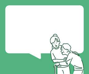 コピースペース有り：歩行介助する若い女性ヘルパーと高齢者のイラスト