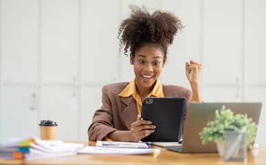 Excited happy Asian or african american woman business woman and tablet screen in office for joy social media, internet browsing or research online win.