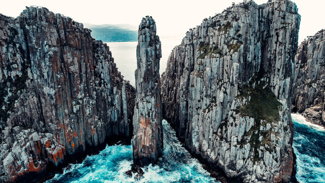 Beautiful Drone Aerial of Cape Hauy, In Tasman National Park, Tasmania, Tall Dolerites