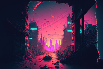 Ruined cyberpunk post apocalyptic city Digital Painting Illustration of an Epic View of Glow in the Dark Lights. Generative AI