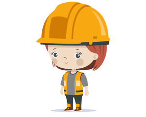 cute builder girl in a construction helmet. the child plays in the profession. flat vector illustration
