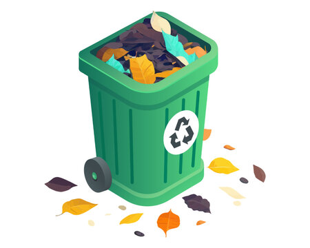 green trash can filled with fallen leaves from trees. garbage collection in autumn. flat vector illustration.